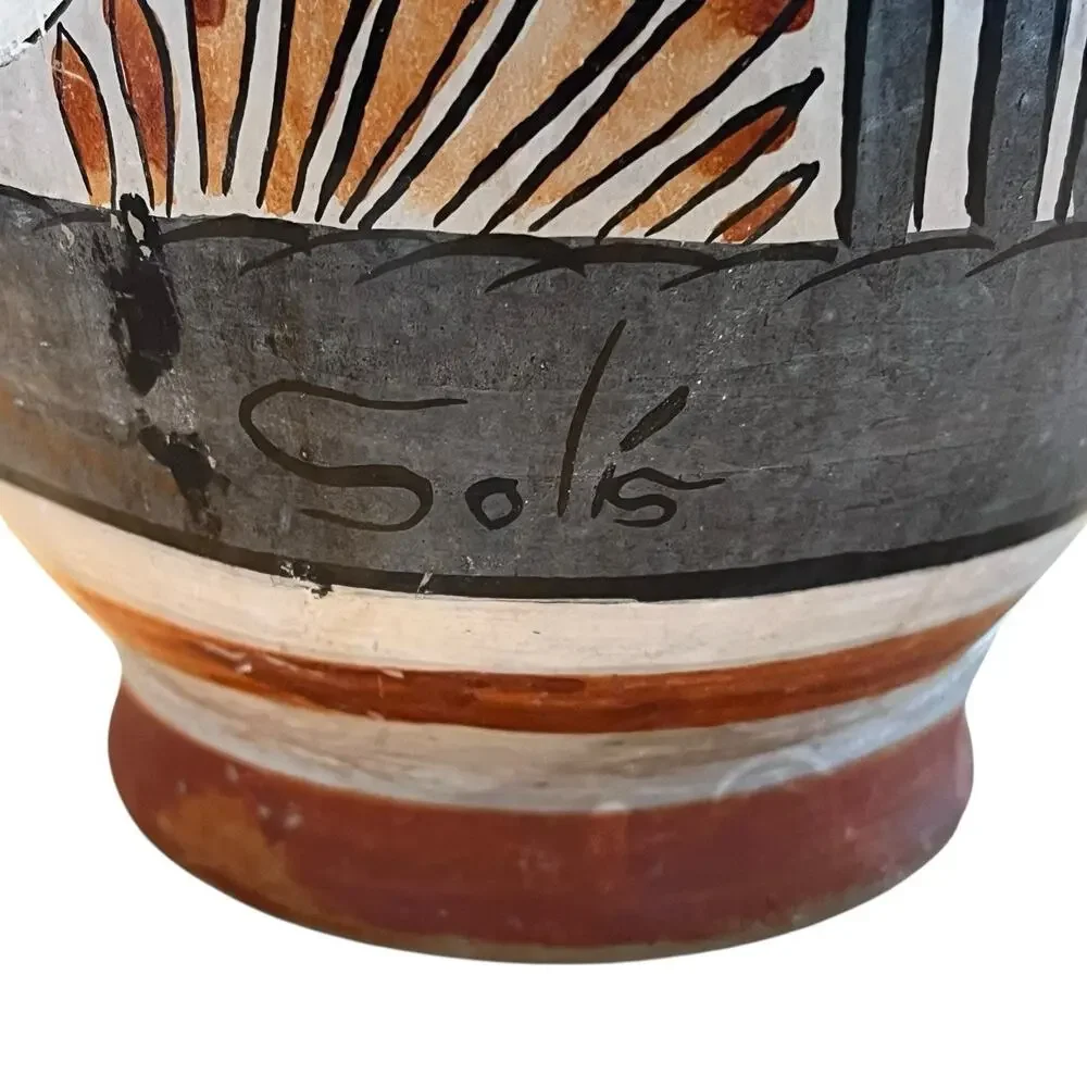 Tonala Oil Water Vase Jug Vintage Signed Solis Rustic Mexican Birds Plants Retro - Picture 3 of 14
